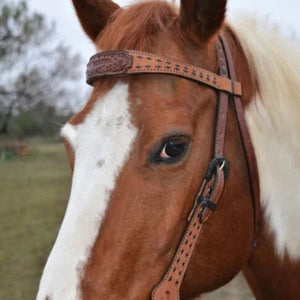 HEADSTALL ALAMO Saddlery 1-1/2 Contour Browband Rough Out Toast Leather W/ Tooled Patch & Buckstitch